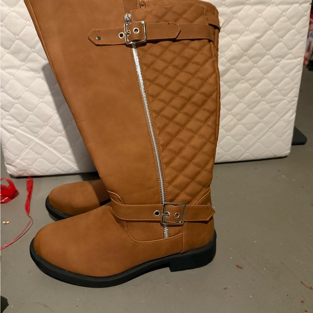 Brown Quilted Knee-High Boots
